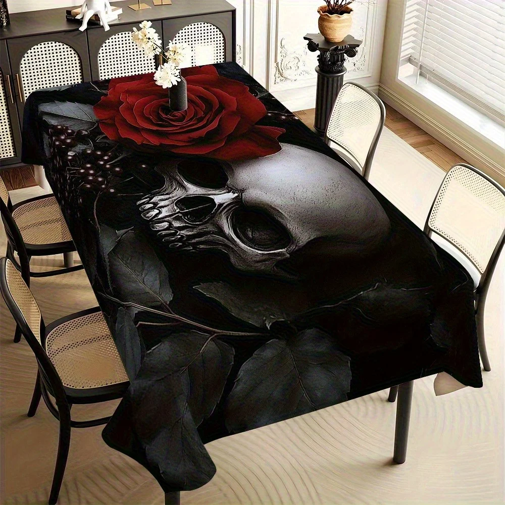 1 piece of dark romantic tablecloth | Skeletons intertwined with red roses, depicting a mysterious atmosphere.zyc