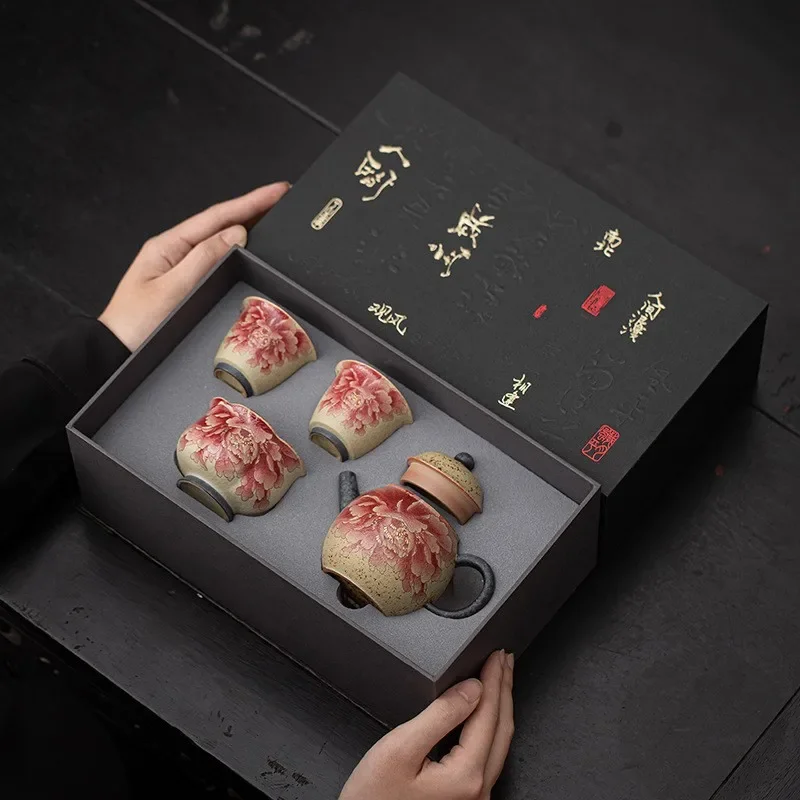 Unique Colorful Luxury Gift Teapot Set Household Retro One Pot Three Cups Kung Fu Tea Set as a Souvenir for Elderly Customers