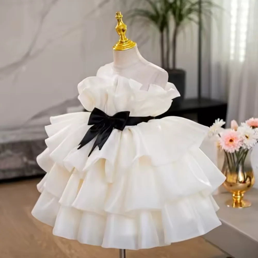 Puff babados céu azul flor menina vestido sem mangas mini a linha vestido para festa de aniversário de casamento primeira comunhão vestidos personalizados