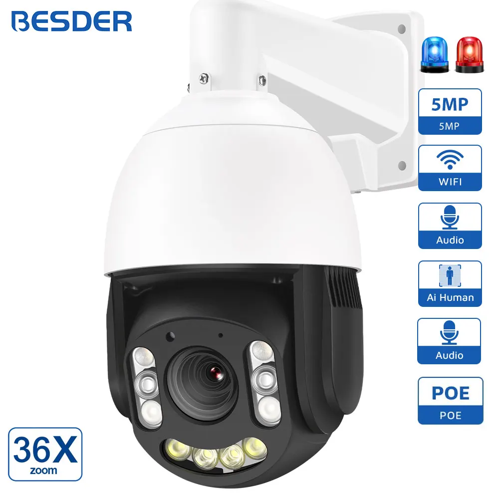 

BESDER 5MP POE Wifi Camera IP PTZ Outdoor 36X Optical Zoom AI Human Detection Security Protection Two Way Audio Cloud iCSee App