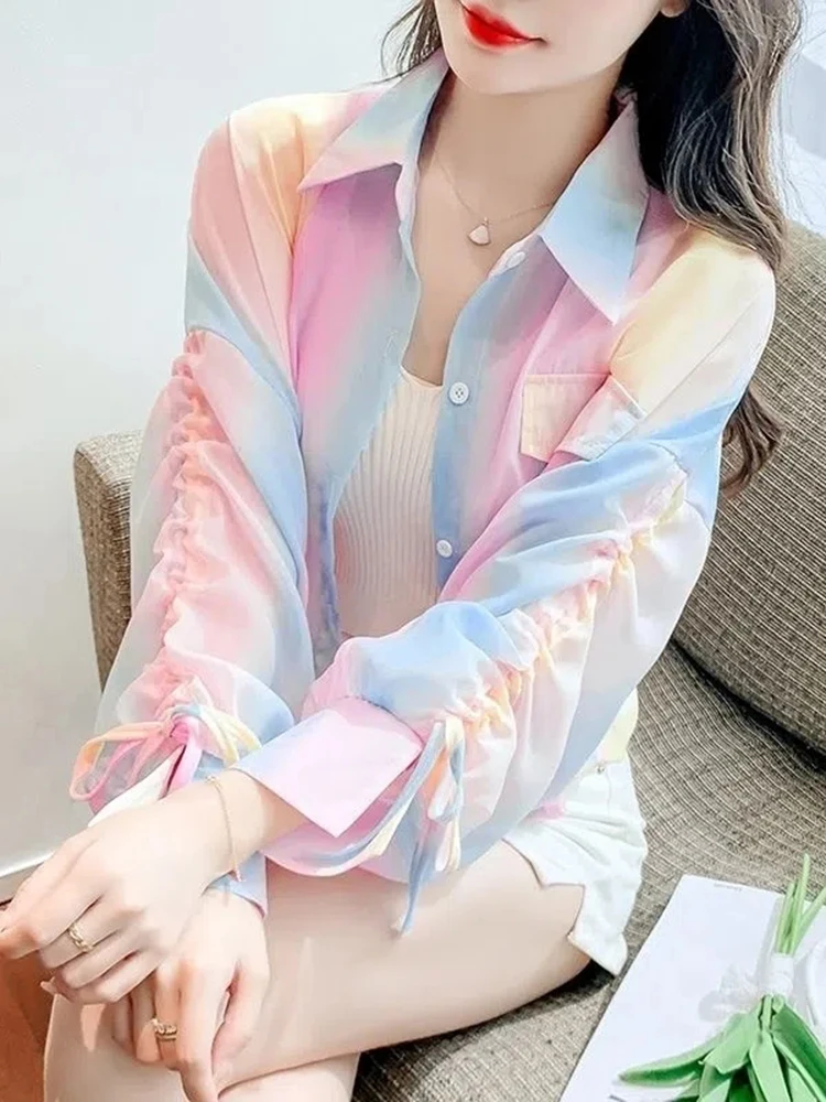 Zoki Sweet Rainbow Women Sun Proof Shirt Korean Long Sleeve Elegant Blouse Fashion Drawstring Pocket All Match Lady Casual Tops