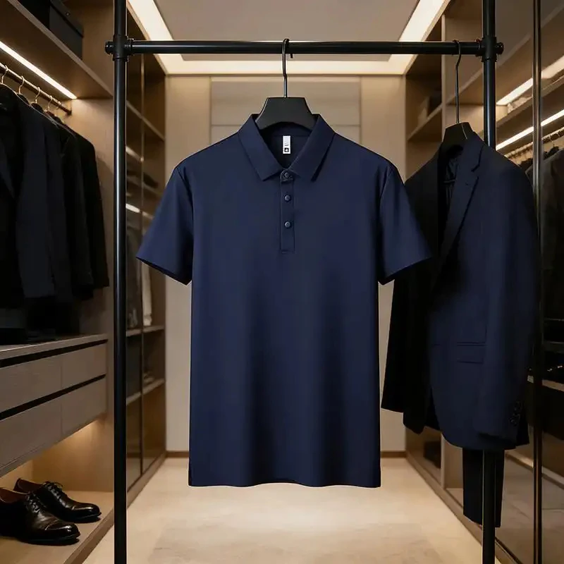

Мужская однотонная рубашка-поло, немнущаяся и дышащая ткань, короткие рукава для повседневной и деловой носки, комфортная.