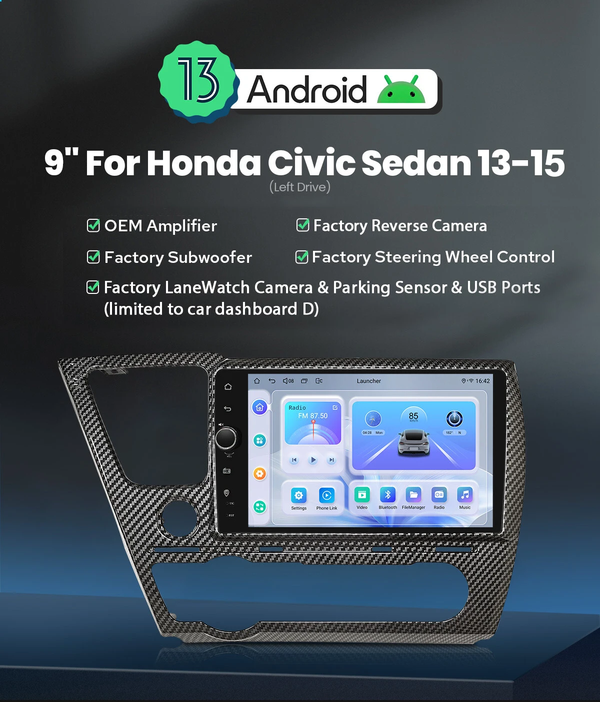 JOYING Android Car Stereo for Honda Civic 2013 2014 2015 Car Radio Carbon Fiber Frame Bluetooth Wireless CarPlay Android Auto