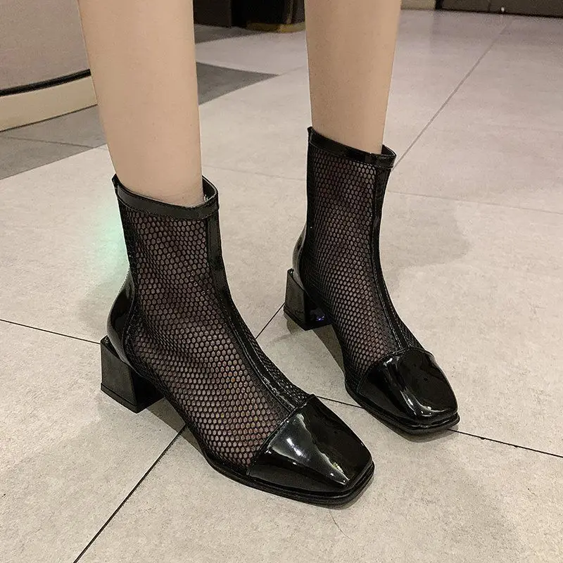 Footwear Black Sandals Short Shoes For Women Elegant With Medium Heels Female Ankle Boots Mesh Booties Stylish On Offer Pu