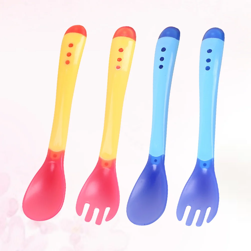 

4Pcs Baby Tableware Temperature Sensing Fork Spoon Set Safe Eco Friendly Color Change 43C Premium Material Yellow Blue