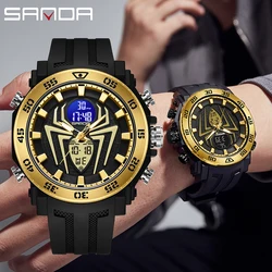 SANDA Men Military Watches Big Spider Dial Sport Watch LED Digital Waterproof Watch Men Multifunction Dual Display Clock Relogio