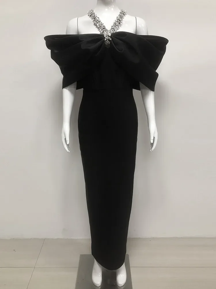 2025 Vrouwen Sexy Off Schouder Ruches Zwarte Maxi Lange Diamanten Celebrity Bodycon Bandage Jurk Elegante Avond Club Feestjurk