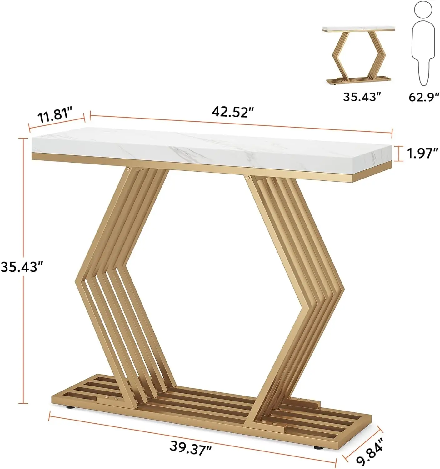 Table console moderne dorée avec base géométrique en métal, faux marbre blanc, table d'entrée étroite, table de foyer pour entrée, 42 po