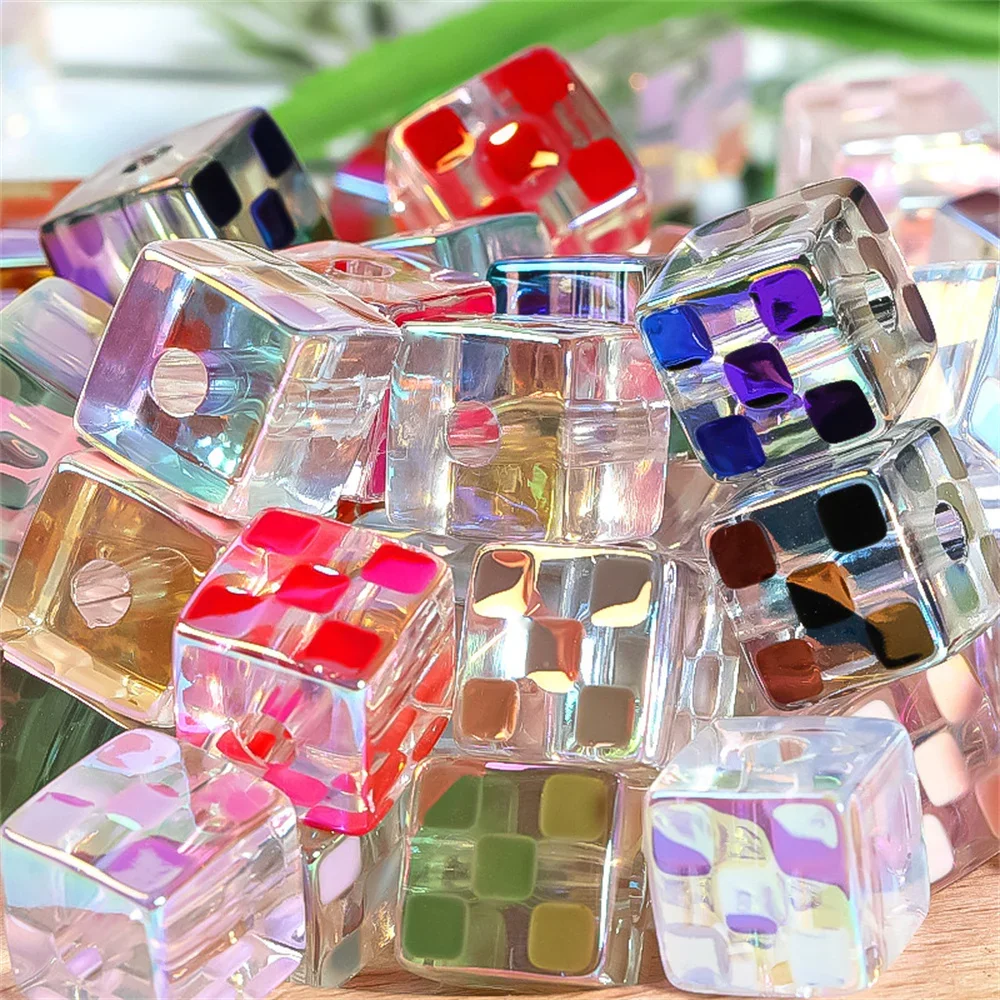 CH56 5Pcs 14mm Checkerboard Square Bead Through Hole Acrylic Bead Chain Key Pen Bead Diy Jewelry Accessories Girl