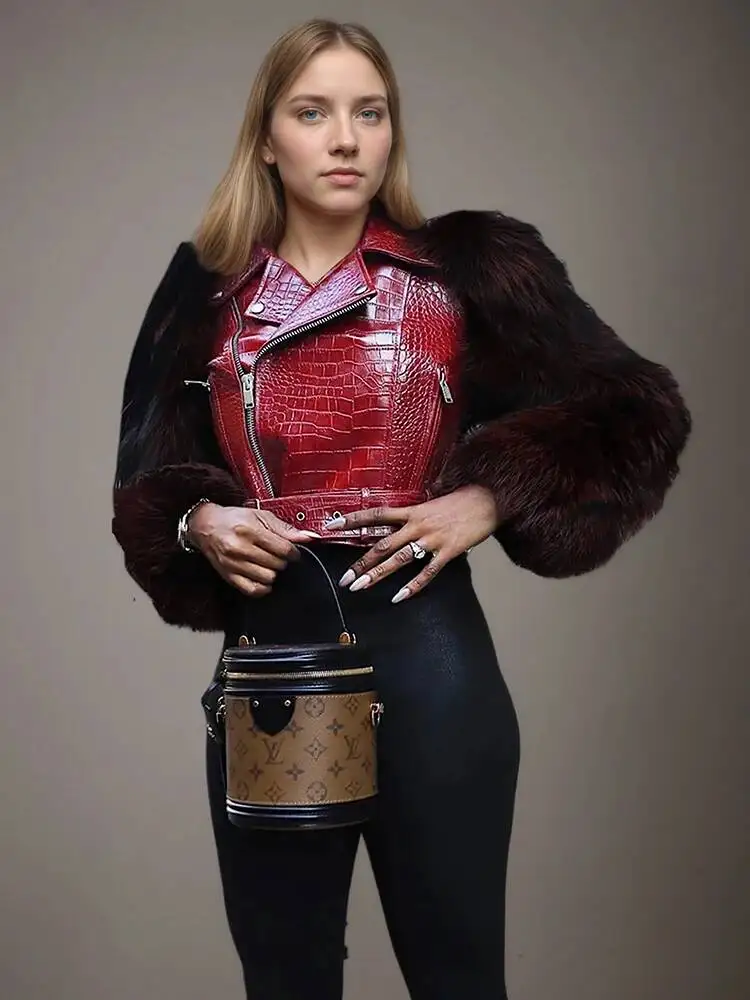 Fashion Faux Fur Patchwork PU Leather Motorcycle Jacket Women's Lapel Zipper Sahses Short Jacket Autumn Winter New 7KA9C