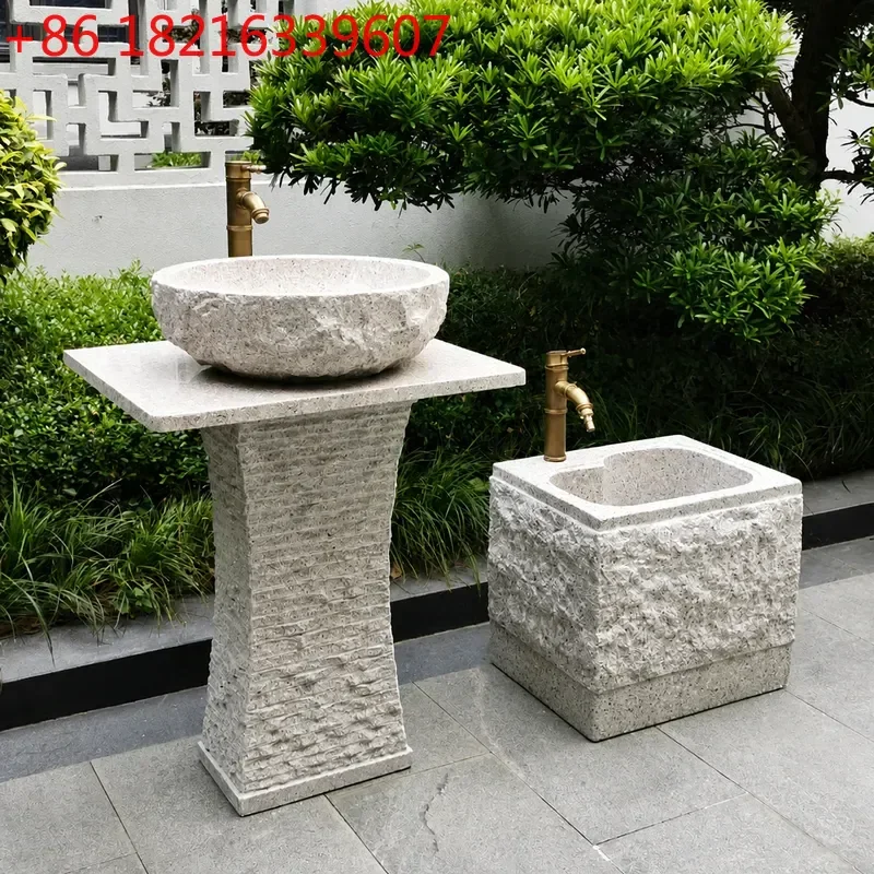 YAO Stone Wash Basin Courtyard Sink Outdoor Marble Carved Column Floor to Ceiling Balcony