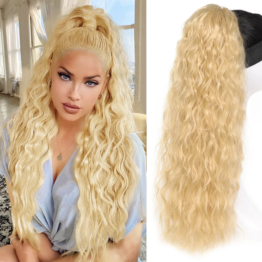 Synthetic ponytail with drawstring water wave curly ponytail hair extenstions bug light golden black cosplay