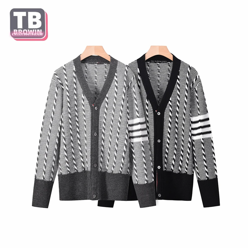 

TB Flagship-Store Brand Men's Wool Sweater New Floral Cardigan V-neck Luxury Autumn and winter 4 bar stripes Casual