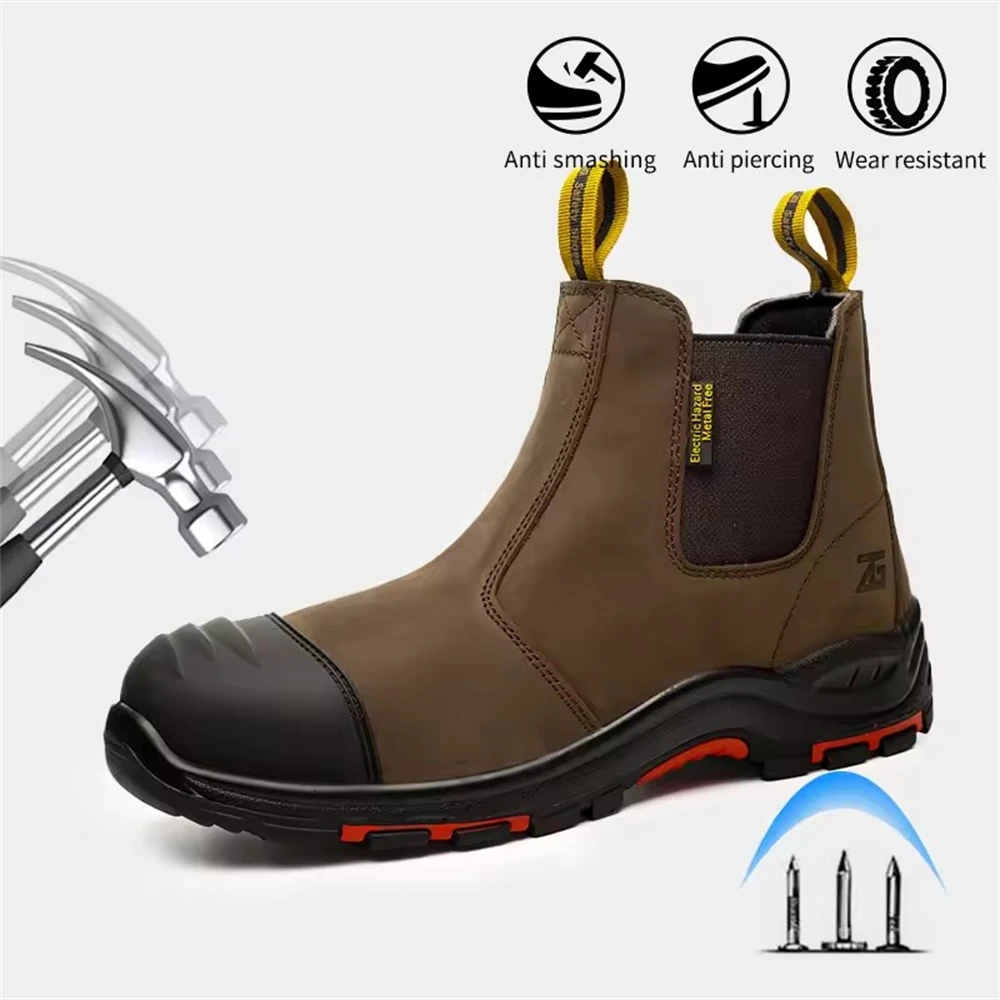 Slip On Mens Work Safety Boots Cow Leather Anti Smash Toe Anti Slip Rubber Sole Construction Industrial Working Ankle Boots