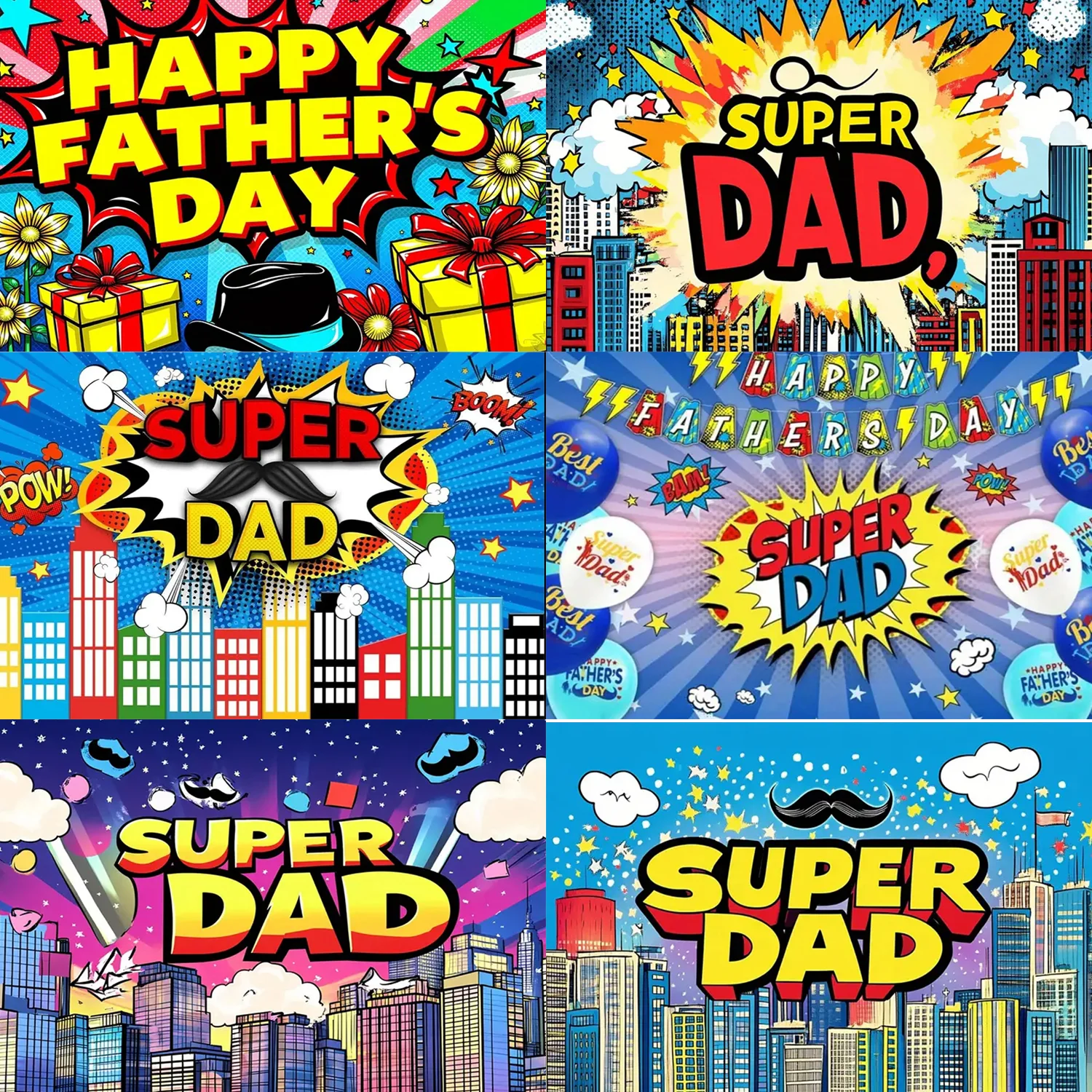 Super Dad Theme Cartoon Background Best Happy Father’s Day Party Decoration Banner Superhero City Landscape Kids Gifts Props