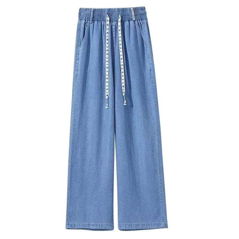 Wide Leg Pants Women Jeans Stretch Elastic Waist Lace Up Drawstring Distressed Washed Streetwear  Summer Denim Trousers