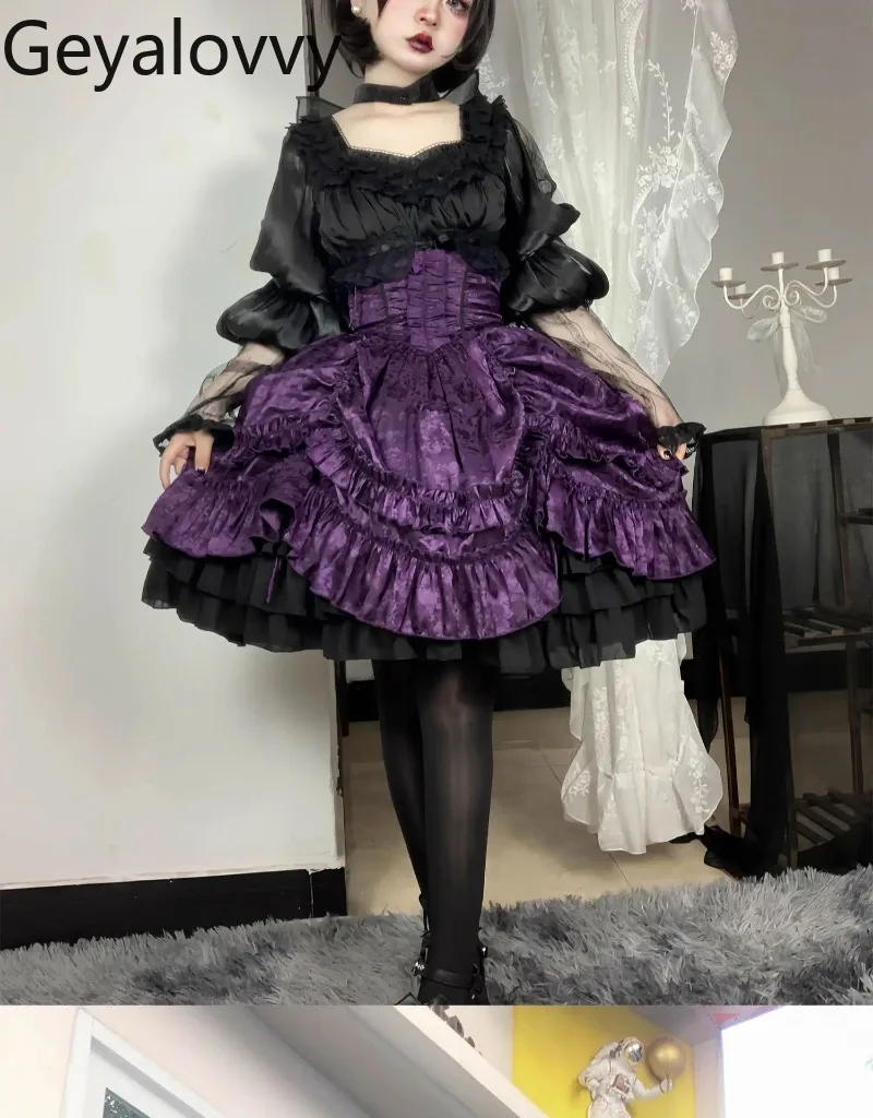 

Japanese Gothic Lolita Halloween Daily High Waist Skirt Spring Summer New Sweet Girls Versatile Color Block Puffy Short Skirts