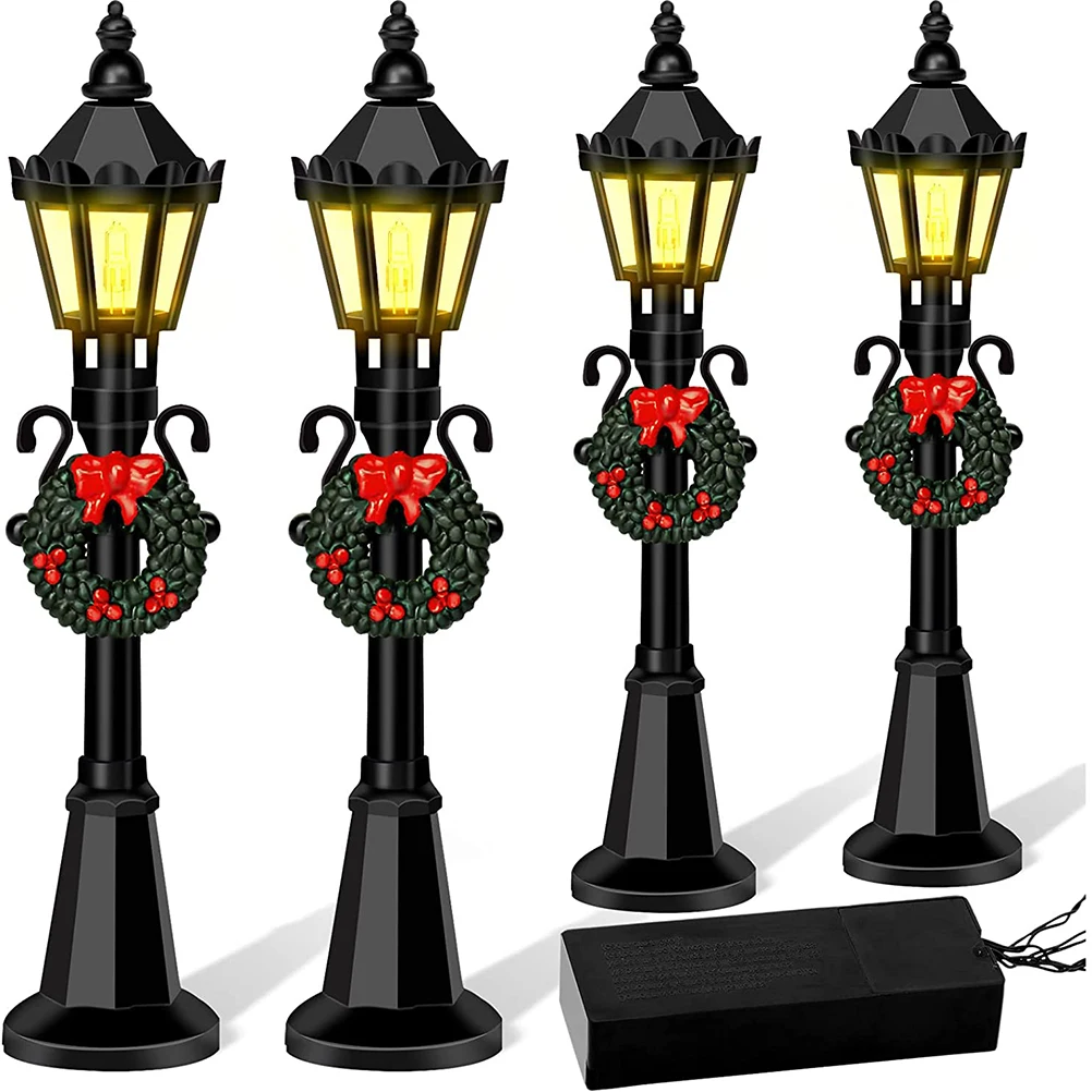 D5 4Pcs Christmas Mini Garden Street Light Models Streetlight Miniature Village Pathway Lantern DIY Landscape Fairy Ornaments