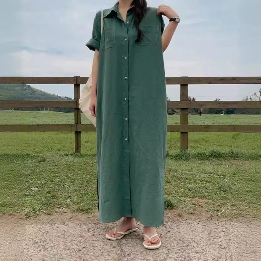 Robe longue à manches courtes pour femmes, nouveau Style coréen, ample, longueur aux genoux, chemise, 2025