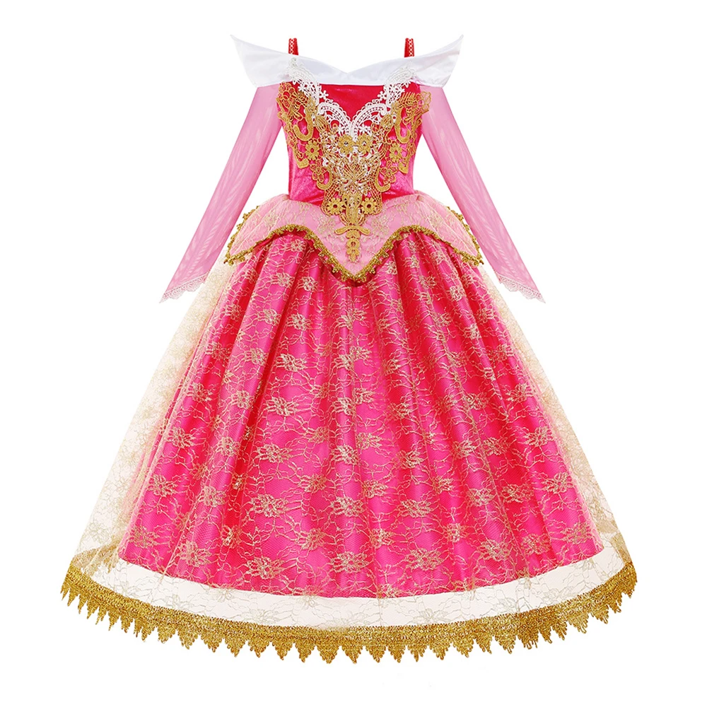Aurora Costume Girls Pink Princess Dress Cosplay Off Shoulder Kids Fancy Birthday Party Girl Lace Sleeping Beauty Dress Sets