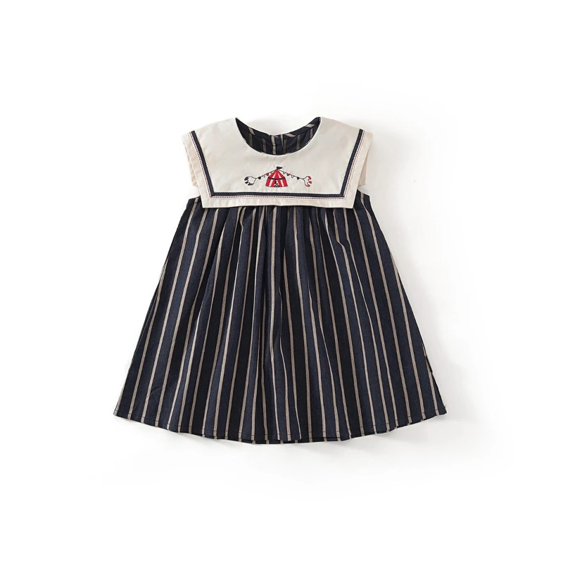 

2026 Summer New Retro Striped College Style Cute Cartoon Pattern Collar Loose Dress for Children