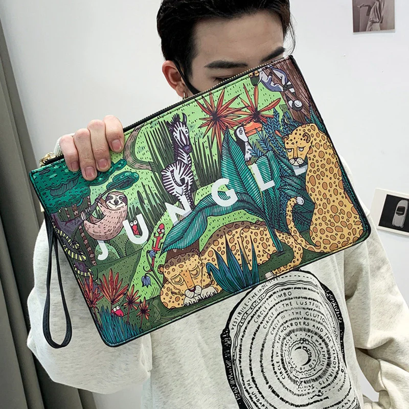 Bolso de mano con estampado Animal para hombre, de piel sintética cartera de mano de alta calidad, informal, para viaje, iPad, Unisex