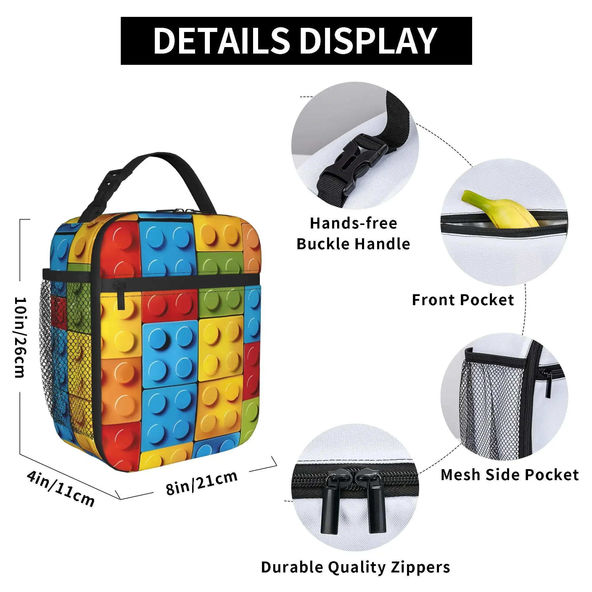 Insulated Lunch Bag Colorful Building Blocks Accessories Building Brick Pattern Lunch Thermal Cooler Lunch Box For School