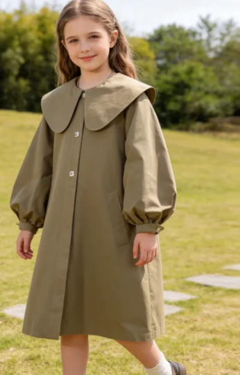 

Girls' Spring and Autumn New Doll Neck Windbreaker Coat Loose Style Solid Color Lantern Sleeve Jacket