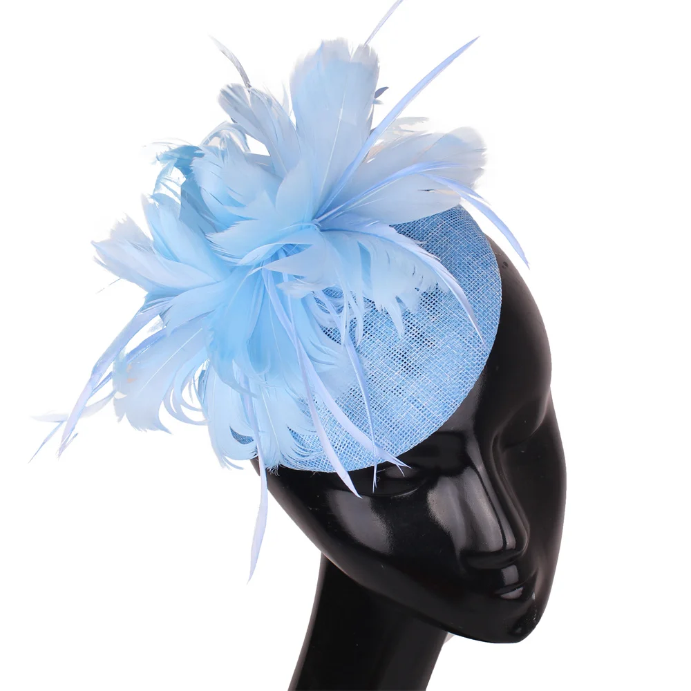 

Nice Light Blue Hair Fascinator Hat Evening Party Formal Church Ladies Millinery Chic Bridal Wedding Headpieces With Feathers