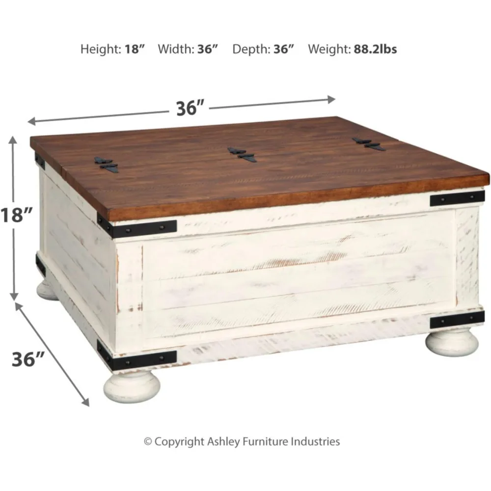 (Spring Sale) Signature Design by Ashley Wystfield Farmhouse Square Storage Coffee Table with Hinged Lift Top, Distressed White