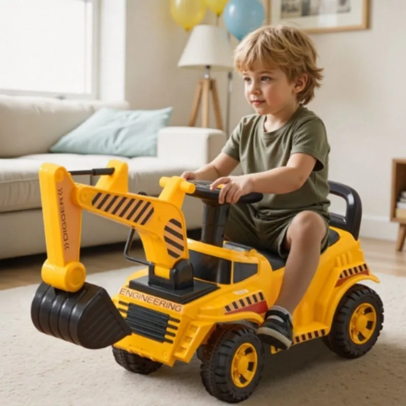 Excavadora para niños pequeños, coche de empuje, casco musical de 19 a 36 meses, carga de 55 libras, andador de pie a piso, juguete excavador seguro para niños, amarillo