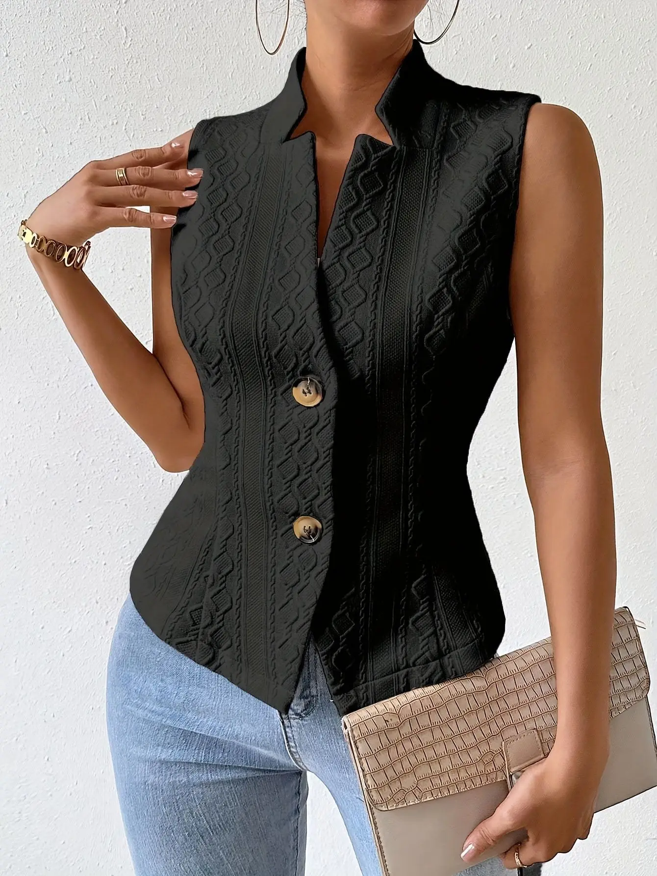 Ärmellose Weste im Frühlings- und Herbststil für Damen, vielseitiger Anzug, lässige Jacke, Knopfweste, Oberteil – Detail 11
