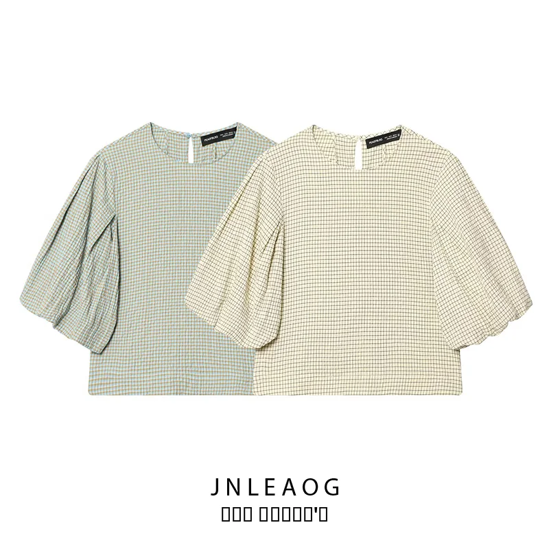 

Модная повседневная женская рубашка JNLEAOG, осенняя новинка, с круглым вырезом, коротким рукавом, в клетку, с рукавами-баллонами, из полиэстера, свободного кроя