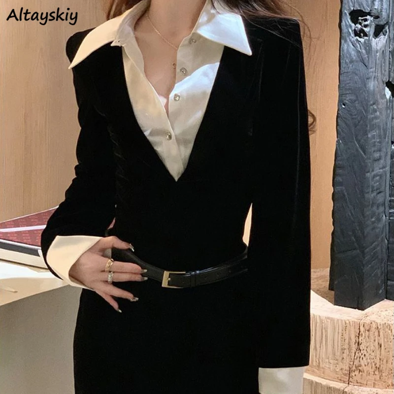 Long-sleeve Dress Women Office Lady Patchwork Fake 2 Pcs Defined Autumn Leisure Lapel Chic Designed Cool Temperament Korean Hot