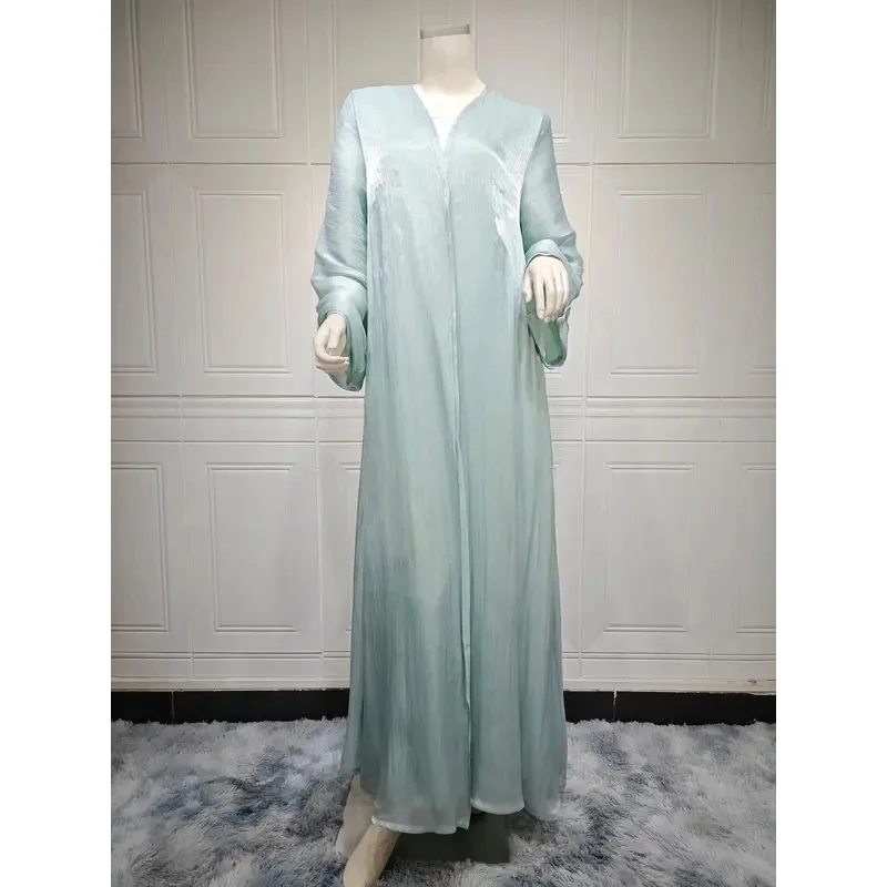 Vestido modesto musulmán de satén de Ramadán para mujer, Abaya abierta, Dubai, cárdigan islámico de manga larga, ropa lisa de Turquía, 2024