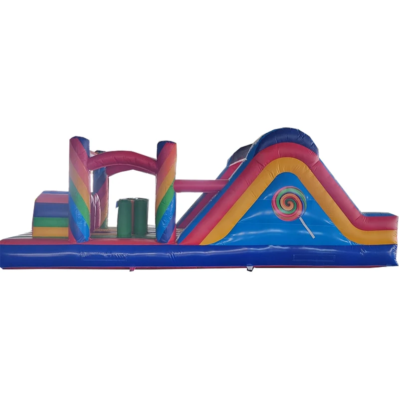 Commercial Candy Theme Inflatable Obstacle Course With Slide Kids Rainbow Bouncy Castle Jumping Bouncer For Outdoor Party Events