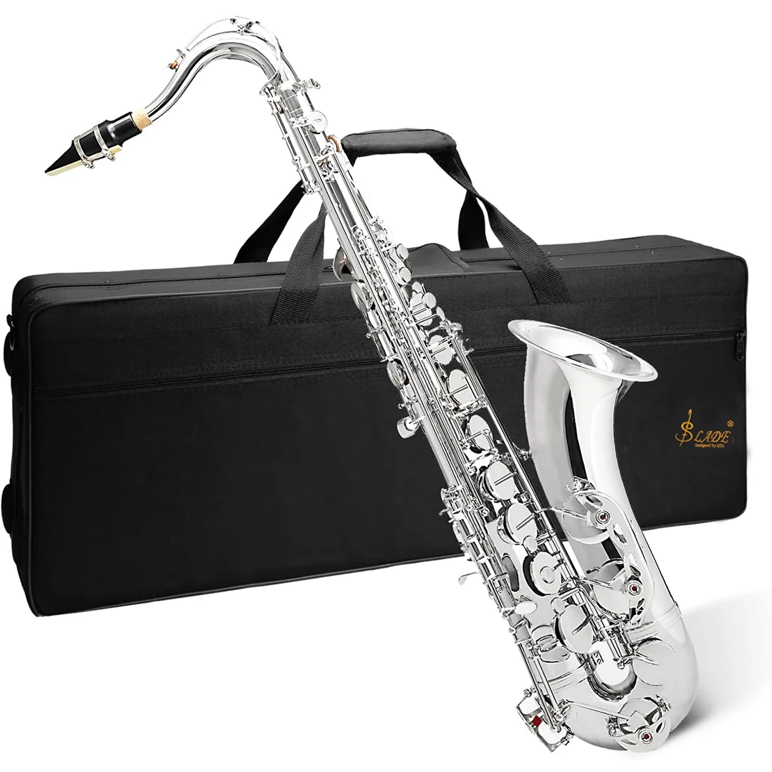 SLADE Silver Tenor Saxophone B Flat Tenor Sax Set Woodwind Instrument with Carrying Case Mouthpiece Cleaning Brush Parts