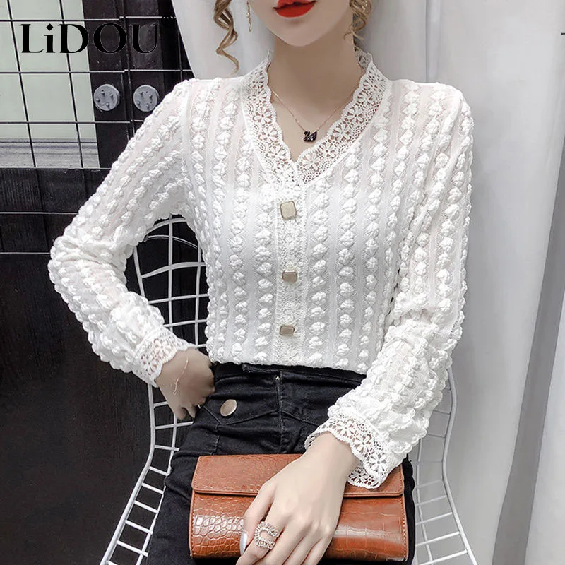 

Spring Autumn New Solid Color Korean Buttons Lace T-shirts Women Long Sleeve Sexy Pullovers Fashion All Match Chic Female Shirt