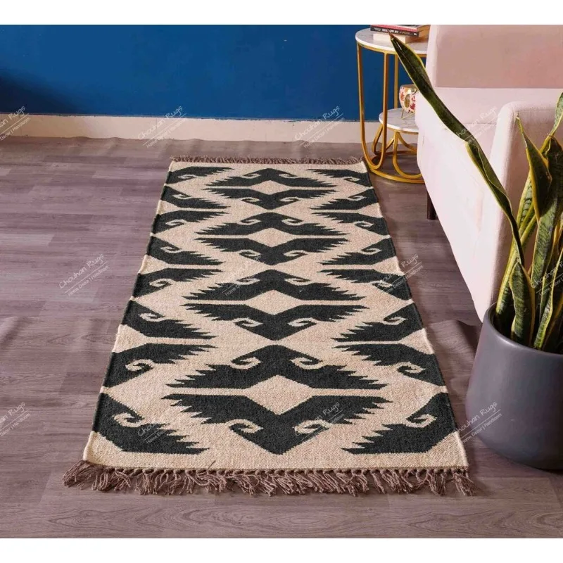 Off White Wool Jute Rug with Black Design RugFringes Jute Rug Boho Décor Rug