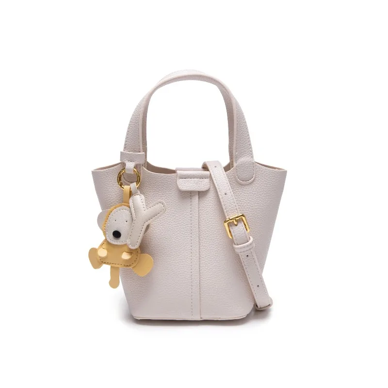 Mini Pebbled Bucket Top Handle Bag For Women Cute Puppy Pendant Adjustable Strap Sweet Casual Daily Crossbody Purse