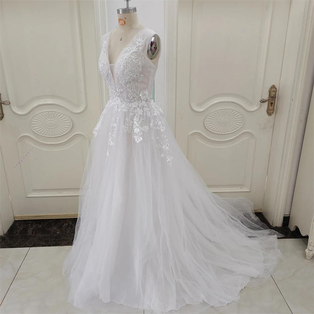 ZJ6005 Vestido de novia sin mangas con cuello en V hecho por el cliente 2024, apliques de encaje, vestido de novia sin espalda 2024