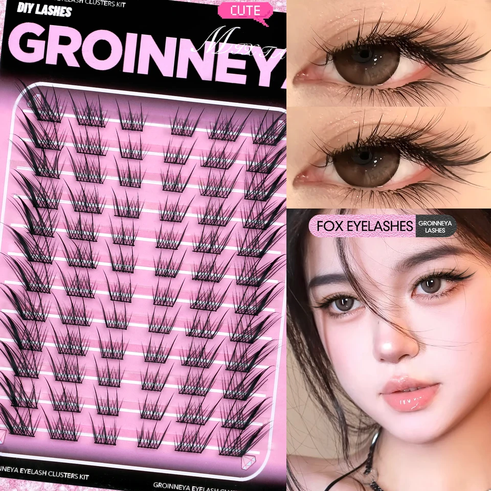 Racimos de pestañas GROINNEYA, ojo de gato, extremo alado, alargan el ojo, kit de racimos DIY en casa, extensiones 2
