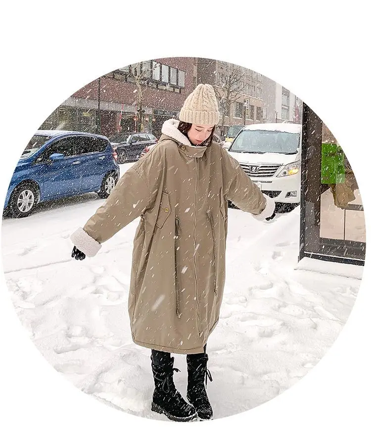 Lamb wool Cotton Jacket Women's Korea Loose 2026 New Winter Plus velvet Snow Parkas Warm Hooded Coat Casual Female Long Overcoat