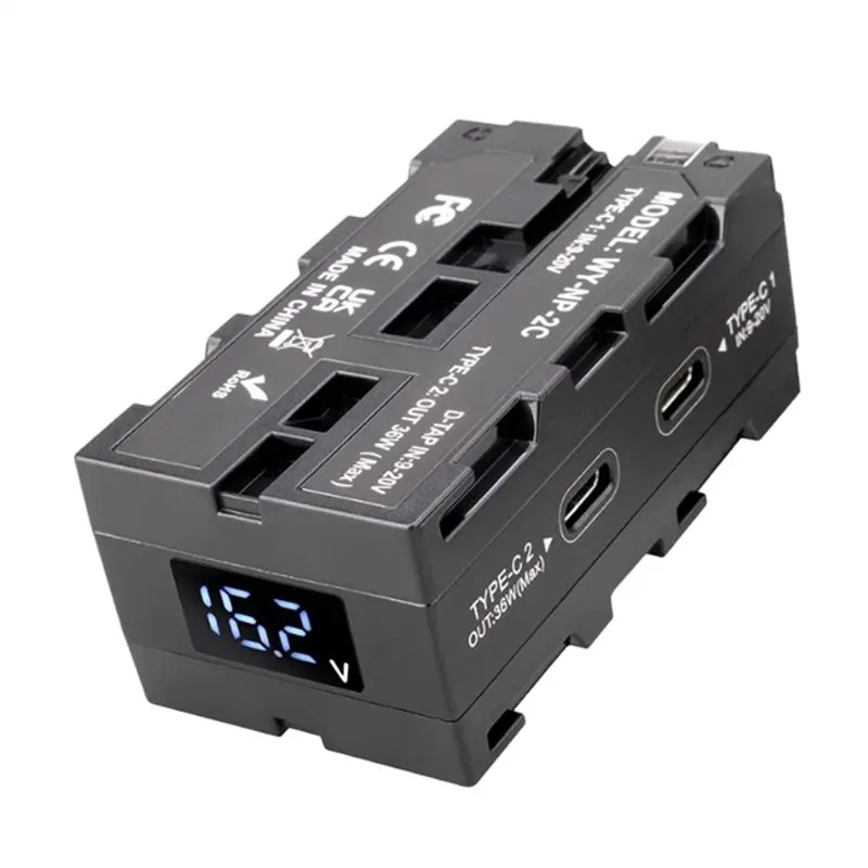 T81C! NP-F Double-Sided Dummy Battery with LED Light External V-Port Power Supply Virtual Monitor for Nikon C Cameras