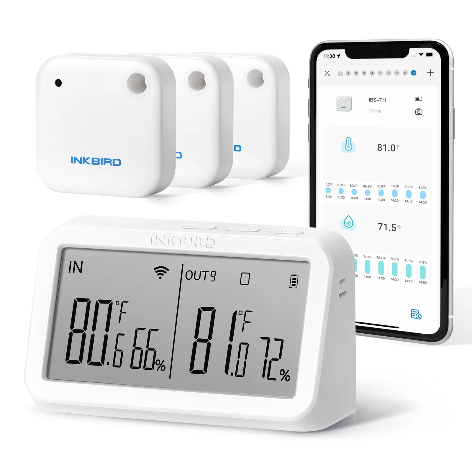 INKBIRD 3-częściowe czujniki temperatury i wilgotności Bluetooth z zestawem monitorów wewnętrznych Wi-Fi Kontrola aplikacji ze powiadomieniami alarmowymi