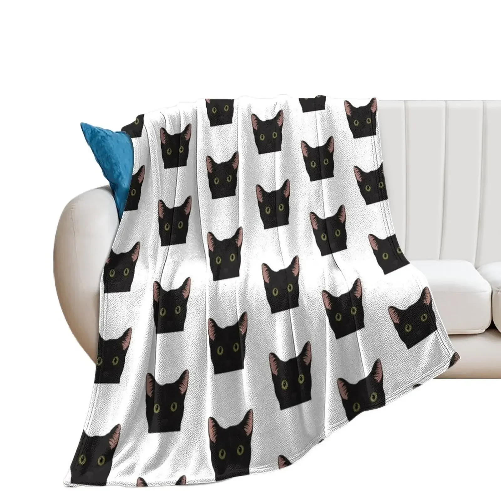 

Curious Black Cat - Green Eyes Black Nose Throw Blanket Designers Travel Large Blankets