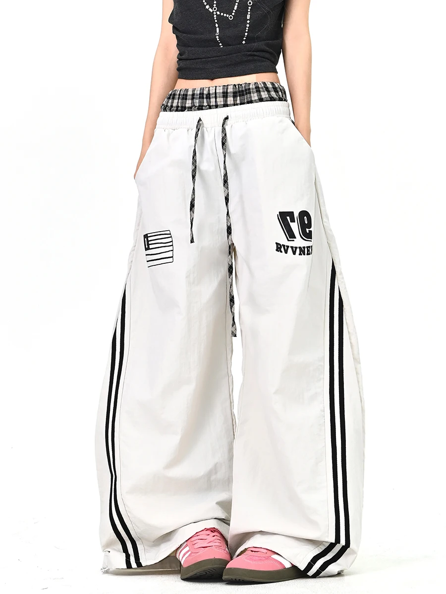 

Женские повседневные брюки с двойным поясом, свободные широкие брюки, новинка весны, американский модный бренд, в полоску, сшитые из разных тканей, свободный крой в стиле BF