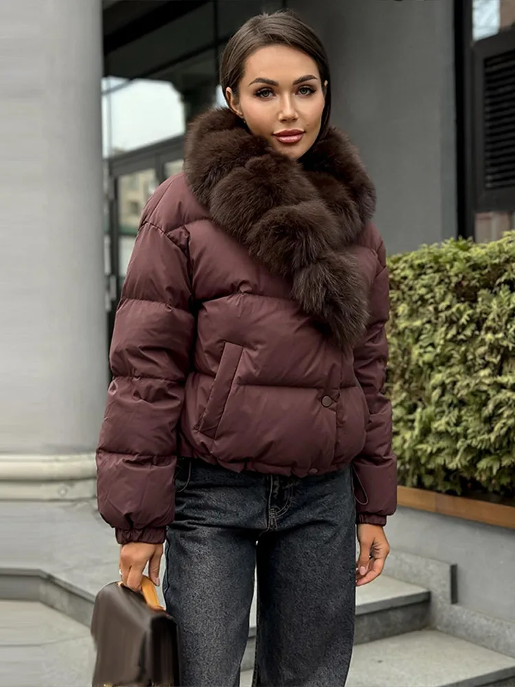 Fashion Solid Women's Puffer Jacket Faux Fur Collar Splice Long Sleeves Short Loose Coat Chic 2026 Autumn Winter New Daily Wear 2