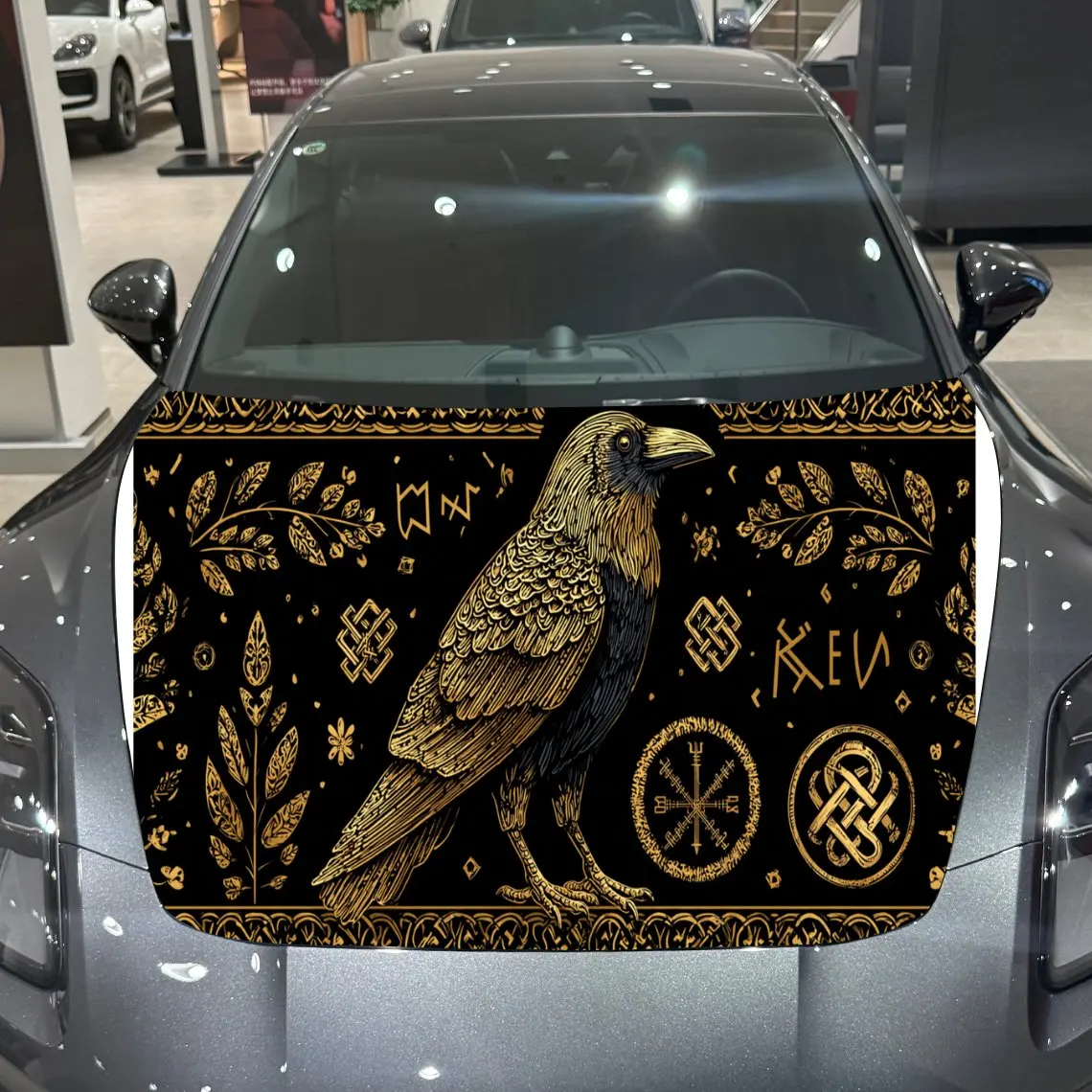 Dark-themed Raven Rune Embroidery Design Car Hood Vinyl Stickers Car Surface Protection Decal Car Decoration Cover Vinyl Wraps W