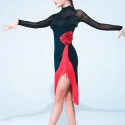 Vestido de manga larga para mujer, Falda de baile con borla de flores rojas grandes, vestido de baile latino, traje Sexy negro para niñas adultas, Rumba, nuevo